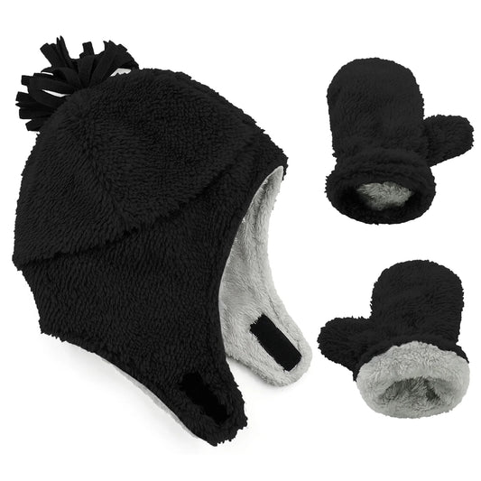 Winter Sherpa Lined Infant Hats with Ears Flap and Warm Fleece Baby Mittens 2Pc Set Fuzzy Black S